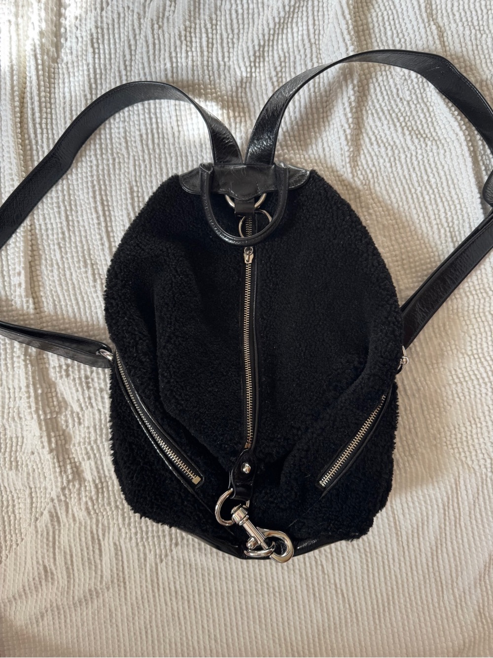 Rebecca Minkoff Black Sherpa Mini Backpack with Silver Hardware